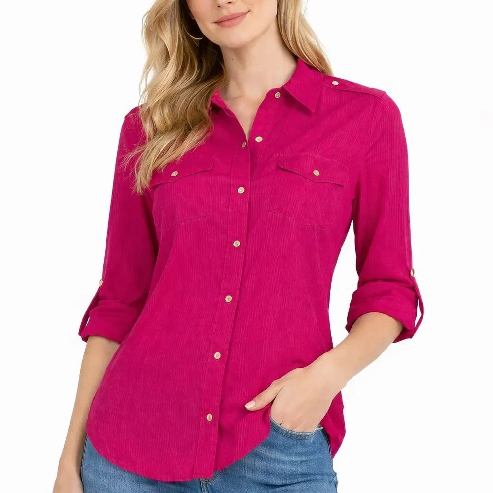 Tory Burch Pink Button Up Shirt Size 6 Semi Sheer Cotton Gold Buttons